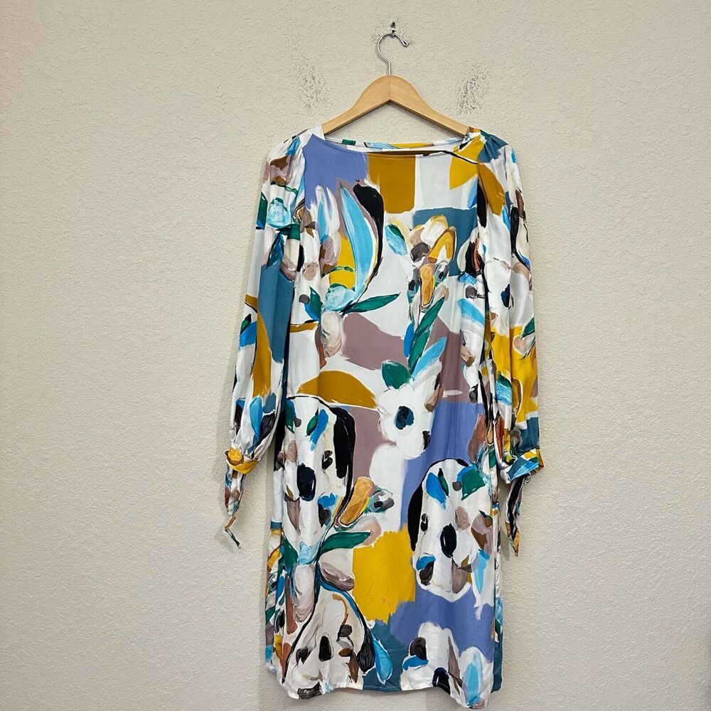 THOUGHT Soleil Tencel Shift Midi Dress Floral Art Puff Sleeve Multi NWOT